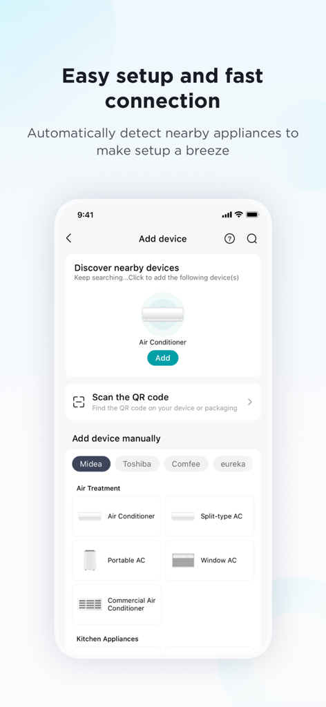 SmartHome app interface showing easy device setup with automatic detection of an air conditioner and manual brand selection options