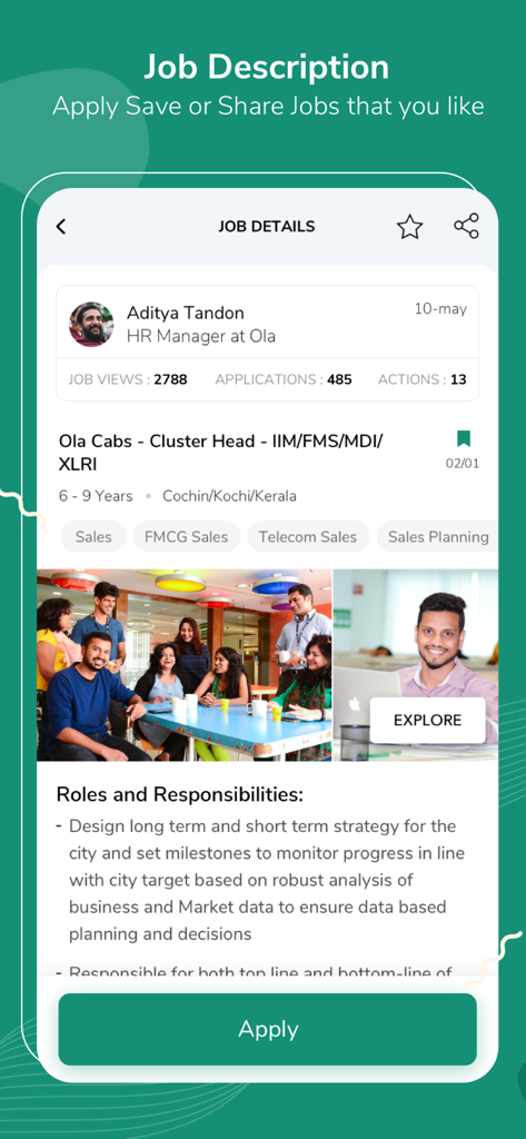 iimjobs : Find Management Jobs - Screenshot of a detailed management job posting for a Cluster Head role at Ola Cabs on the iimjobs mobile app.