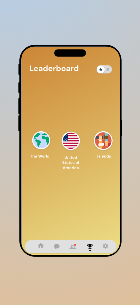 Chess Live Online - Pantalla de selección de tabla de clasificación en la aplicación Ajedrez en Vivo Online con clasificaciones Mundiales, de Estados Unidos y de Amigos.