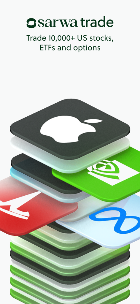 Sarwa Trade app screen displaying US stocks and ETFs with brand logos like Apple, Tesla, and Nvidia