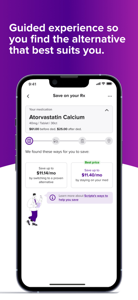 Scripta Insights - Scripta Insightsアプリのインターフェース。スマートフォン画面にパーソナライズされた処方箋の節約オプションと薬剤価格比較が表示されています。