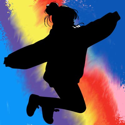 realistic girl jumping with a bun and oversized sweatshirt
