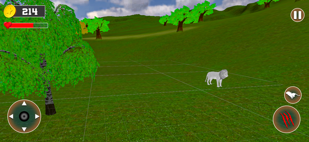 Lion Family Simulator Game - Jugabilidad de Lion Family Simulator con un león en un campo verde con controles de juego móvil