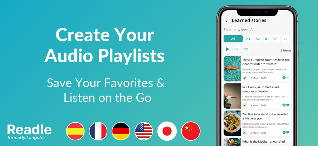 Readle: Learn Languages Daily - Interfaz de la aplicación Readle mostrando listas de reproducción de audio y noticias seleccionadas para el aprendizaje de idiomas.