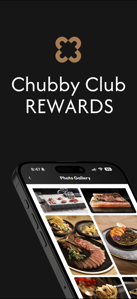 Chubby Club Rewards app showing a gallery of gourmet food on a mobile screen