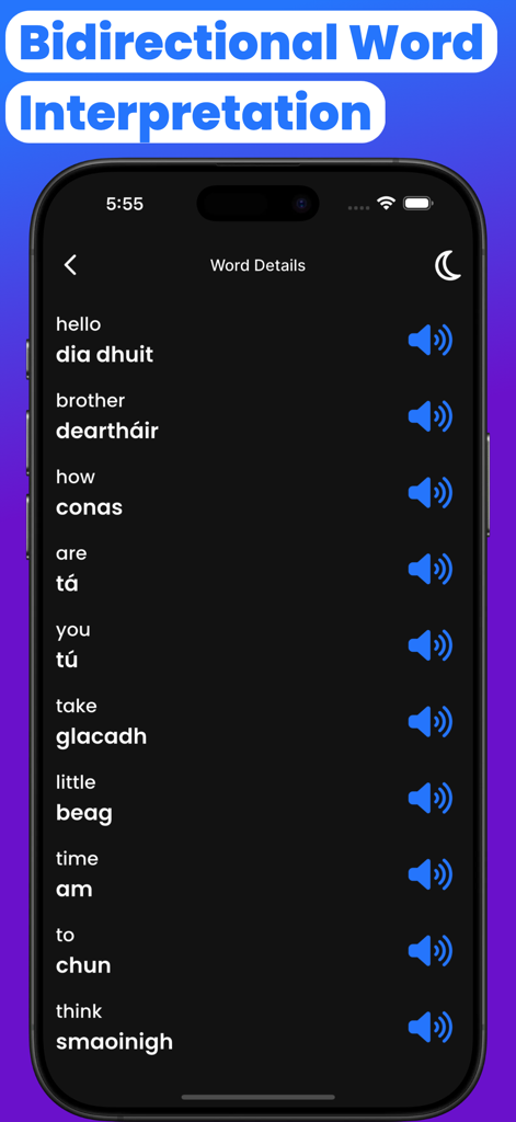 Smartphone screen showing a list of English words translated to Irish with audio playback icons