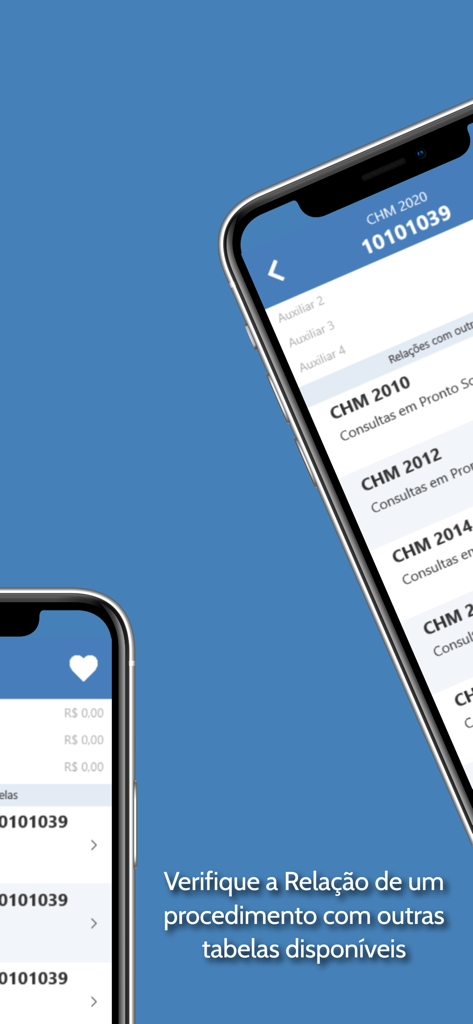 PMED - Preço Médico TUSS CBHPM - Aplicativo móvel PMED exibindo uma lista de códigos de procedimentos médicos referenciados cruzadamente em diferentes tabelas de faturamento de saúde
