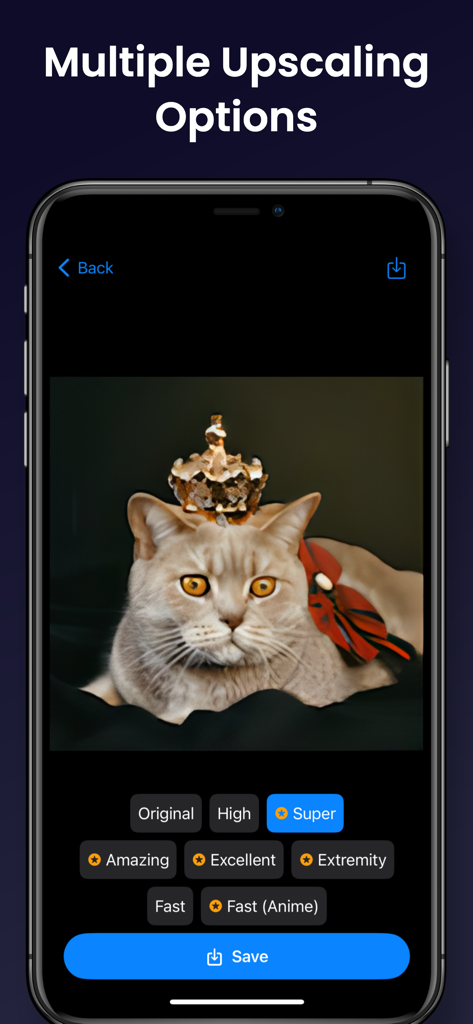 Enhance Photo / Video Easily - Interfaz de la aplicación de mejora de fotos que muestra varias opciones de escalado de IA para una imagen de un gato