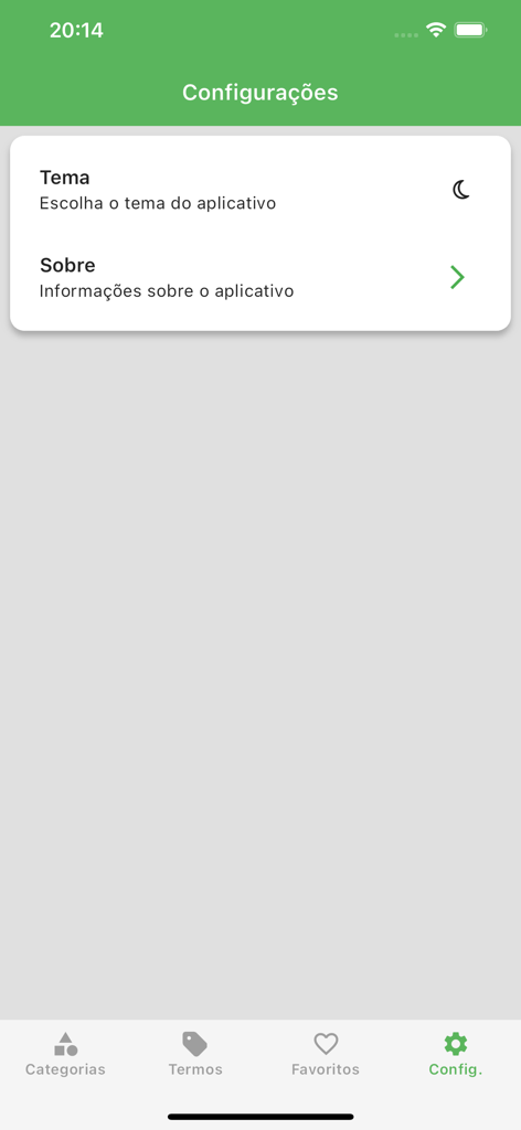 Settings screen of the Termos Tecnicos mobile app showing theme and about options.