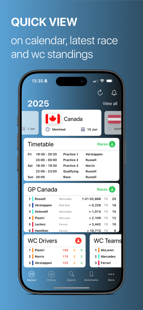 FiDB: the GP Results Archive - A screenshot of the FiDB app showing Formula 1 race results, a season timetable, and driver and team standings.