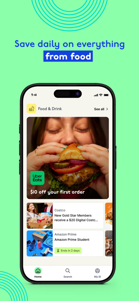 UNiDAYS app screen showing student discounts on food and drinks including Uber Eats and Costco