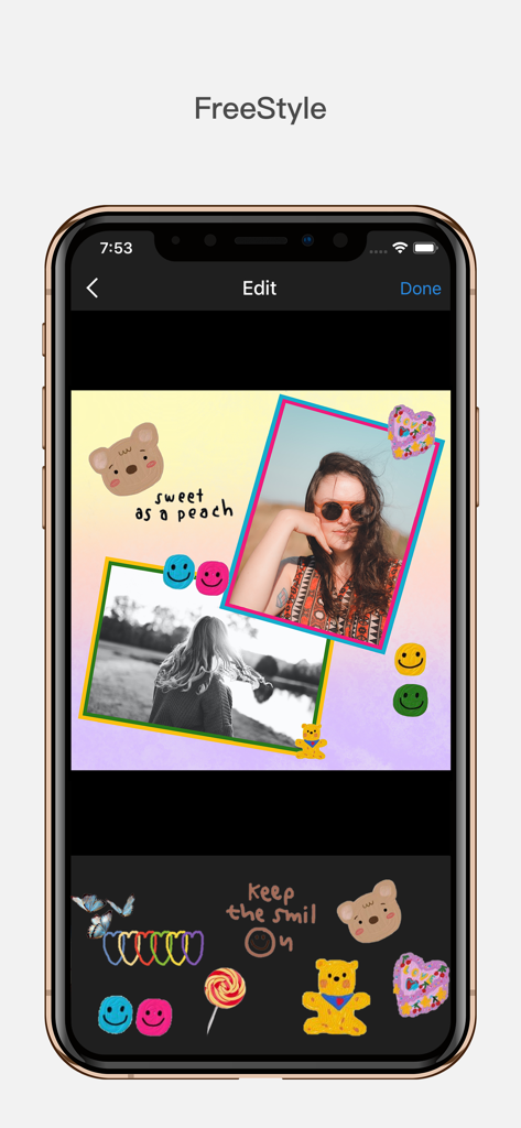 InFrame - Photo editor collage - InFrame mobile app interface showing freestyle collage editing with photos stickers and text decorations