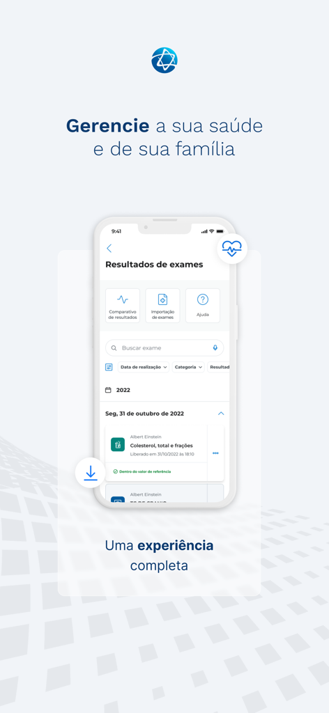 Meu Einstein - Meu Einstein app interface displaying medical exam results and family health management features.
