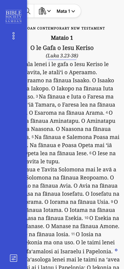 O LE Tusi Pa'ia - Samoan Bible - Samoan Bible app interface showing the first chapter of Matthew with navigation controls