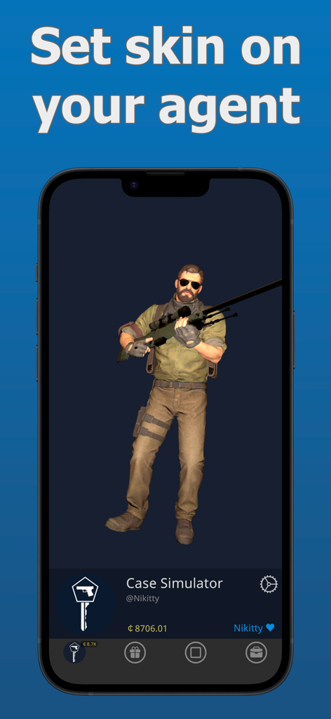 Una pantalla móvil mostrando un personaje agente de Counter-Strike equipado con una skin personalizada y un rifle de francotirador en la aplicación Cases Simulator.