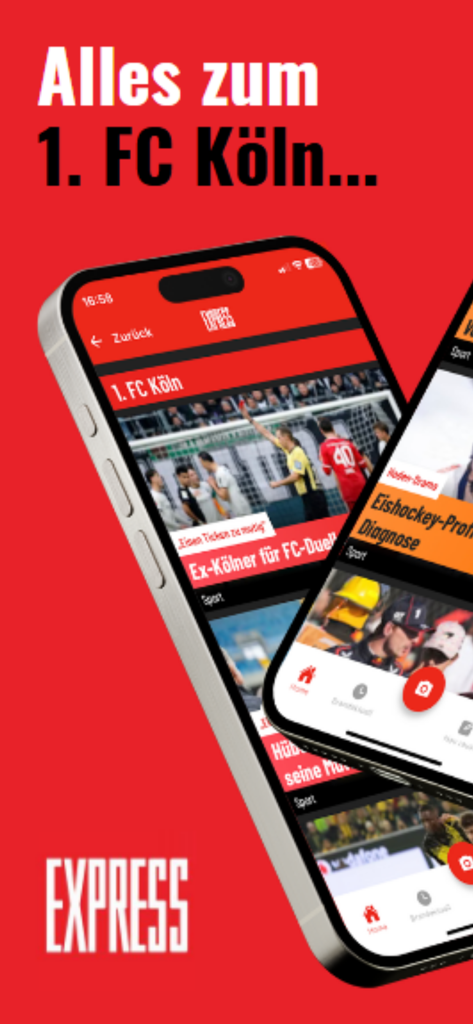 EXPRESS – Cologne News & Sport - EXPRESS app interface showing sports news for 1. FC Koln
