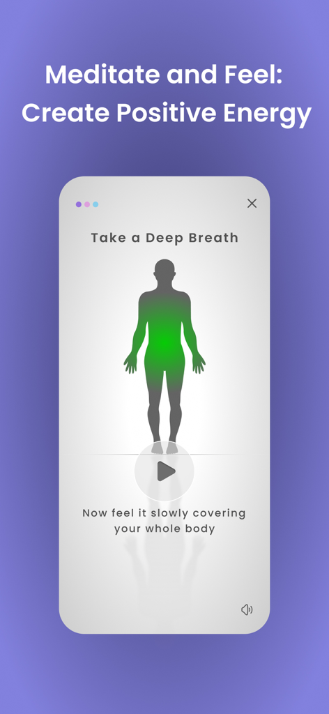 Self Therapy: ADHD Cbt i Coach - ポジティブなエネルギーを創造するための人間の体のイラストと指示が表示された、深い呼吸瞑想ツールのモバイルアプリ画面。