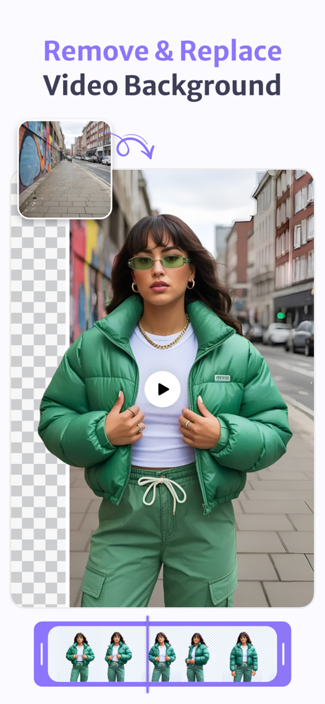 Photo & Video BG Remover - Interface of an AI video background remover showing a person in a green jacket with a replaced urban background.