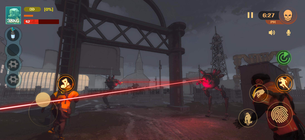 MIMESIS: Deceive or Die - Gameplay-Screenshot von Spielern in orangefarbenen Anzügen, die in der dunklen Umgebung von MIMESIS Deceive or Die einem roten Laser von einer Roboter-Kreatur ausweichen.