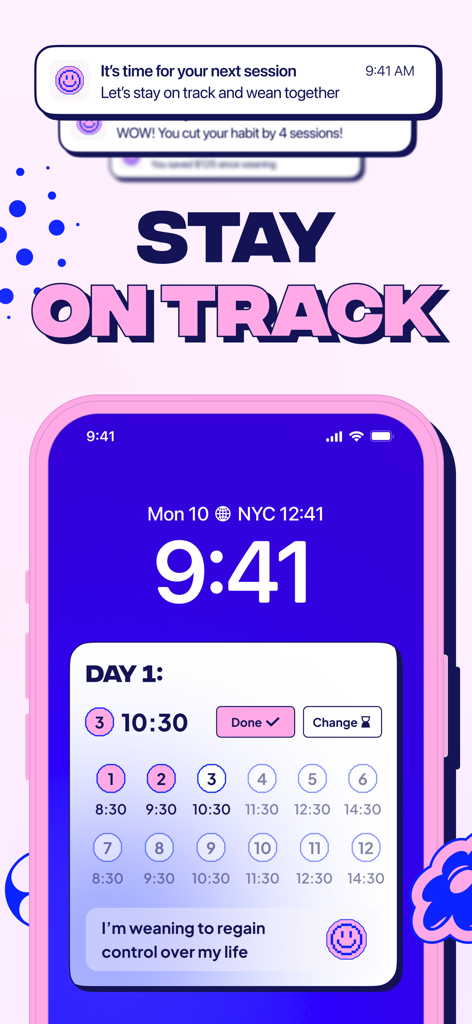 Weanie - Quit Smoking Tracker - Weanie app interface displaying a daily weaning plan with scheduled smoking sessions and motivational quotes to stay on track.