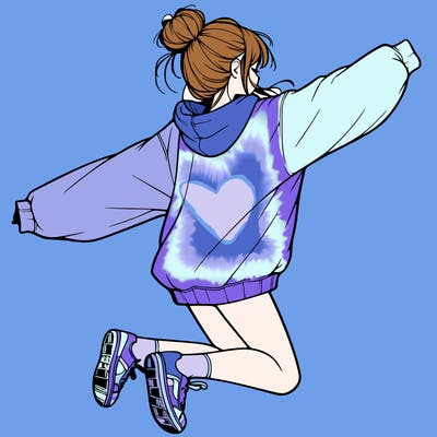 realistic girl jumping with a bun and oversized sweatshirt
