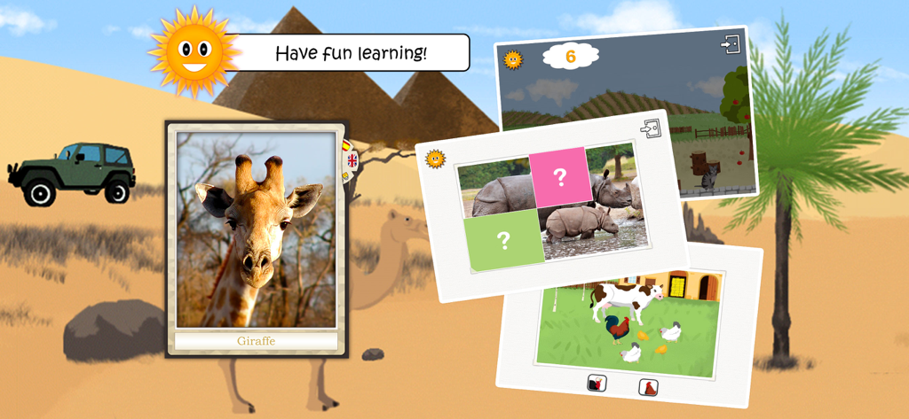 Animal World (Full Version) - Interfaz de la aplicación Animal World que muestra una tarjeta fotográfica de una jirafa y varios minijuegos educativos para niños.