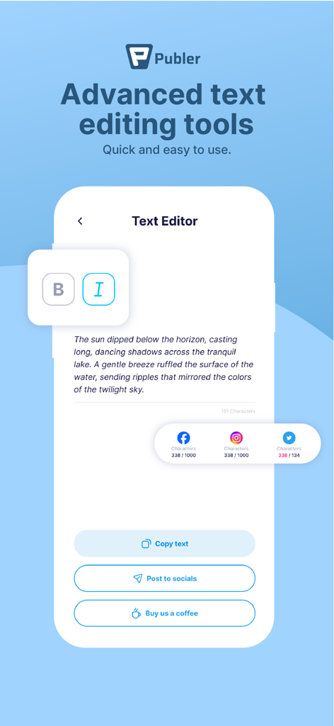 Publer: Social Media Tools - Publer app interface showing advanced text editing tools for social media content creation