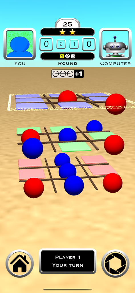 Tic Tac Toe 3D Board Game - Ein dreidimensionales Tic-Tac-Toe-Brett mit roten und blauen Kugeln auf einem gestuften Gitter während eines Spiels gegen den Computer.