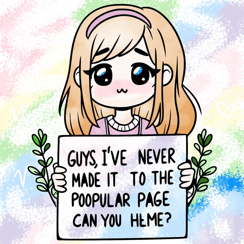a girl holding up a sign that says, guys, i’ve never made it to the popular page, can you help me?