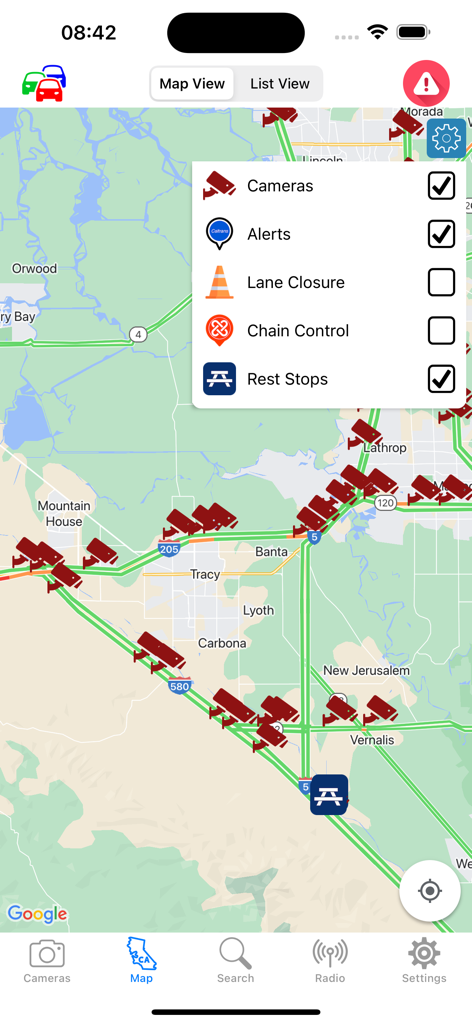 Mobile app map interface showing California traffic camera locations and a layer filter menu for alerts and rest stops.