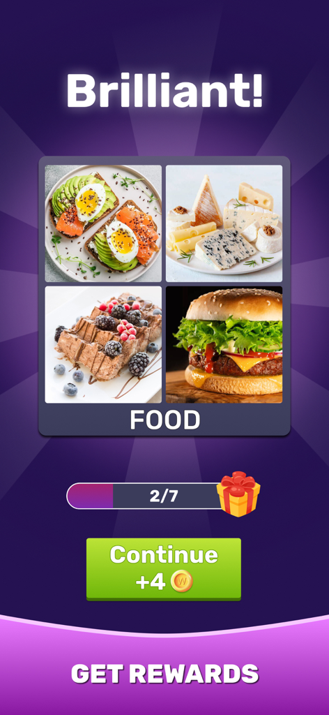 4 Pics 1 Word：Guess The Word - Un livello risolto in 4 Immagini 1 Parola che mostra quattro immagini relative al cibo, tra cui un hamburger e un toast all'avocado con un messaggio di successo