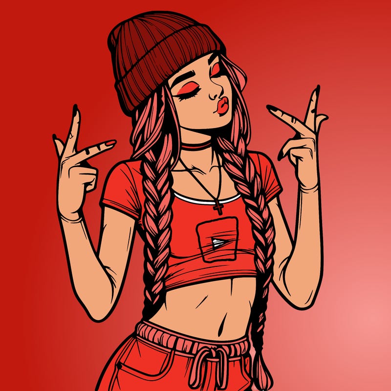 realistic teenage girl with braids and a beanie and crop top doing 🫶🏼