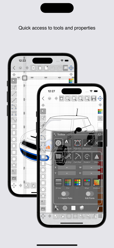 iDesign - Two iPhones displaying the iDesign app interface with a car drawing and a toolbox overlay for quick access to design tools