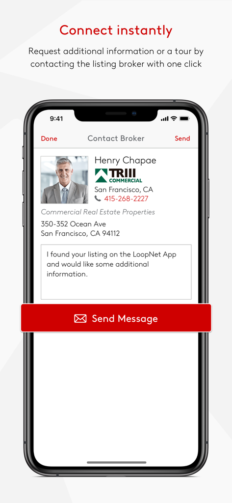 LoopNet Real Estate - Interface de l'application LoopNet affichant un formulaire de contact avec un courtier et un bouton « Envoyer un message ».