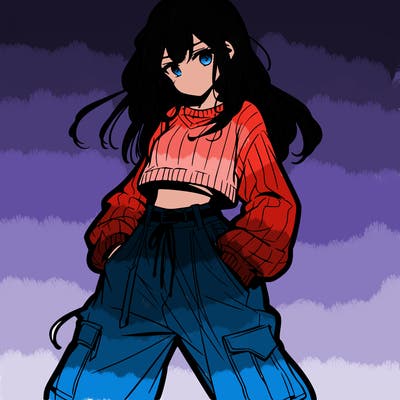 anime teen girl with baggy pants and crop top with sweater