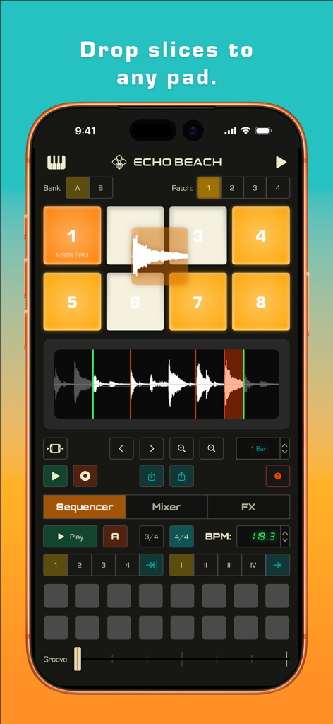 Mobile app interface of Echo Beach showing a waveform being sliced and dragged onto an eight pad drum sampler grid.
