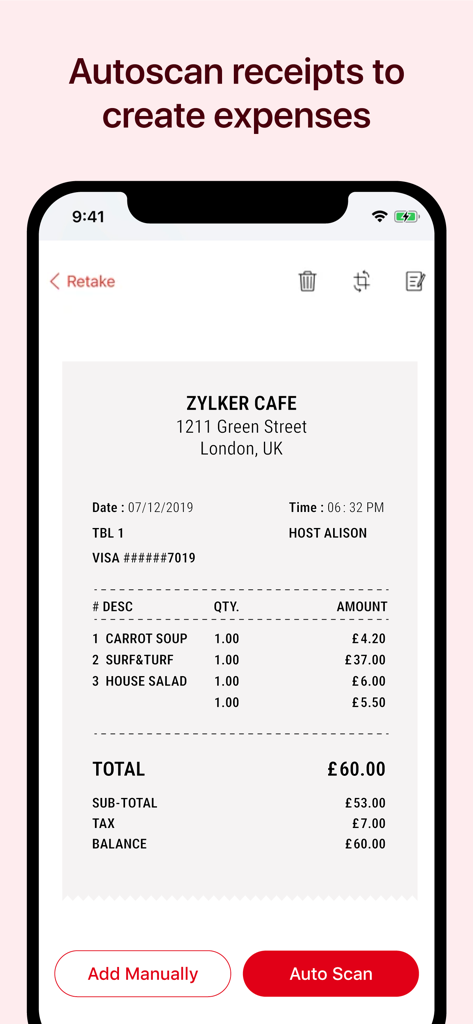 Zoho Expense: Travel & Expense - Zoho Expense App-Oberfläche, die einen Café-Beleg scannt, um automatisch eine Ausgabe zu erstellen
