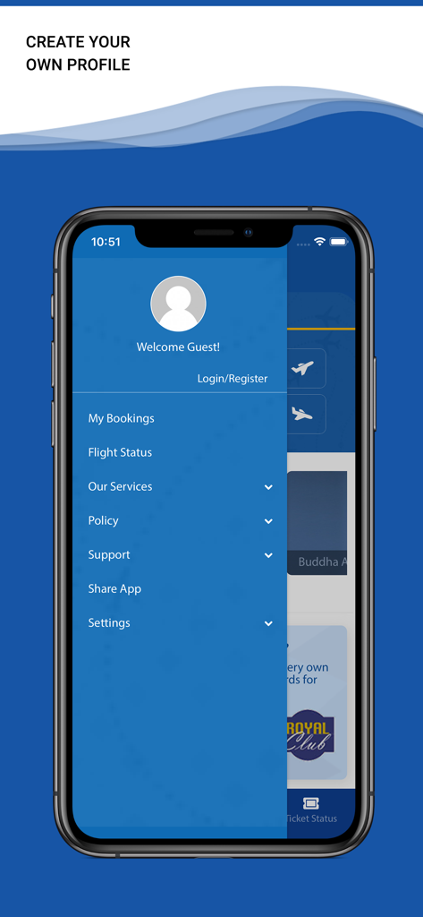 Buddha Air - Menú lateral de la aplicación móvil Buddha Air que muestra el perfil del usuario y las opciones de navegación.