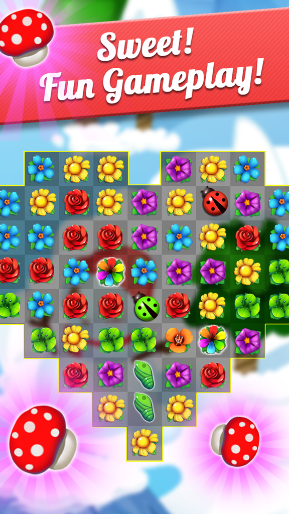 Flower Crush - Match 3 & Blast Garden to Bloom! - Heart-shaped puzzle board with colorful flower icons and ladybugs in Flower Crush game.