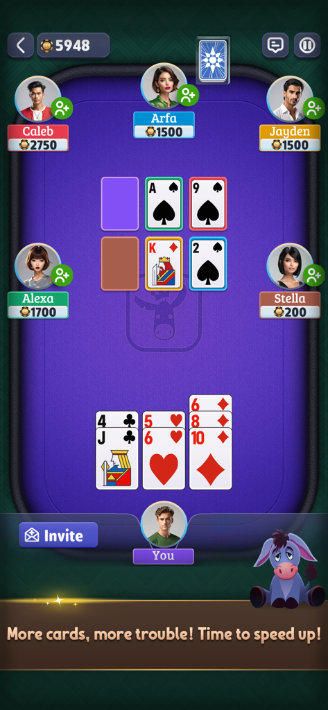 Donkey King: Online Card Game - Multiplayer gameplay interface of Donkey King card game showing cards on a table and player avatars