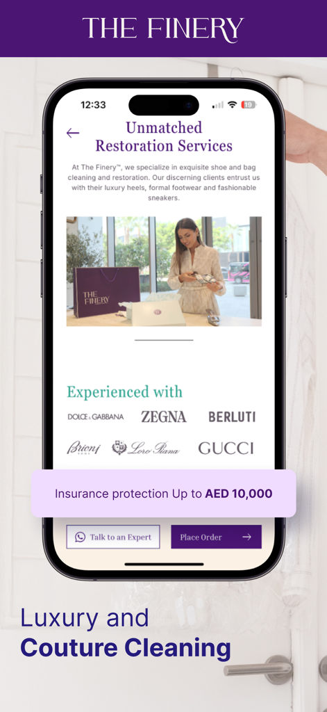 Washmen & The Finery - Mobile app screen for The Finery showing luxury shoe and bag restoration services with insurance protection.
