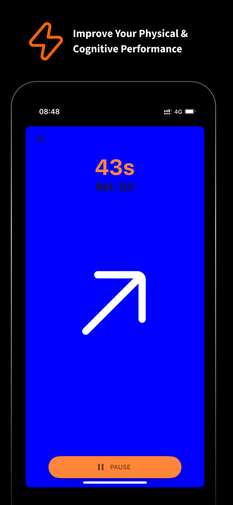 SpotBasket Basketball Training - SpotBasket app screen showing a cognitive basketball reaction drill with a directional arrow and performance timer
