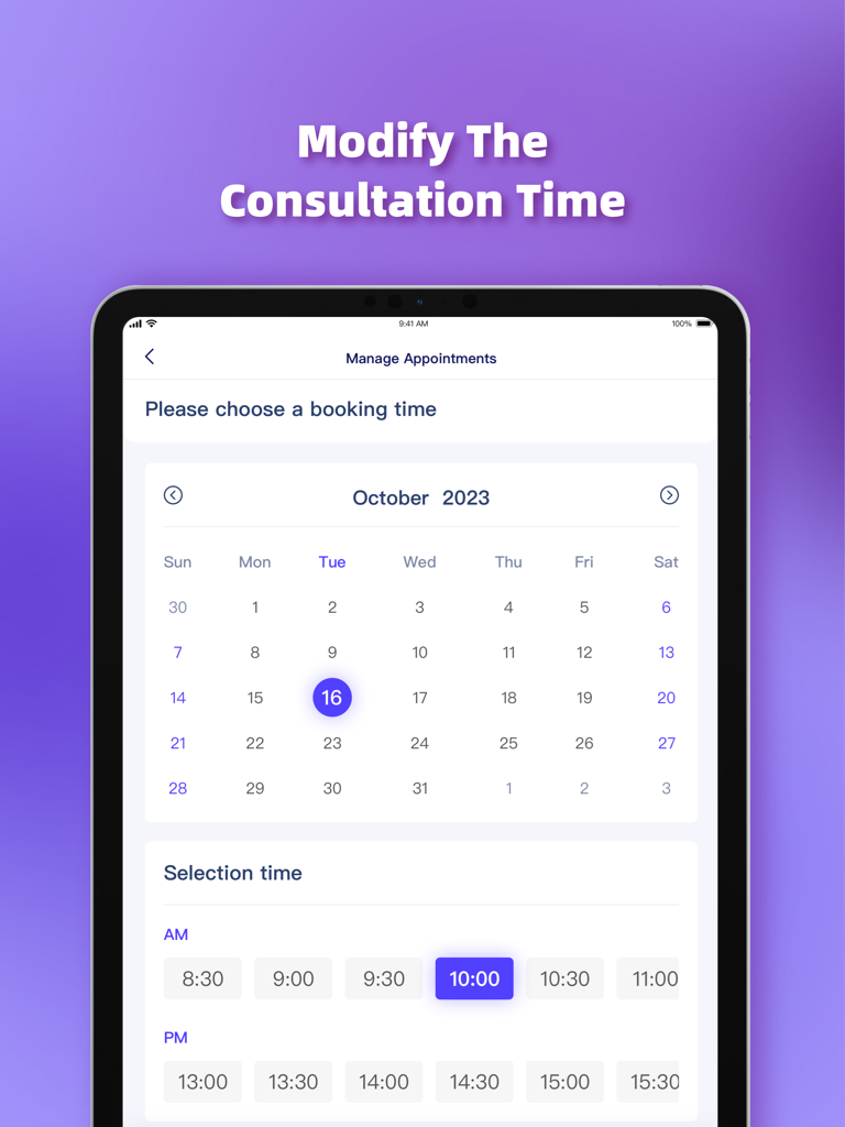 Interfaz de la aplicación MyCare Provider en iPad para gestionar citas médicas y elegir horarios de consulta
