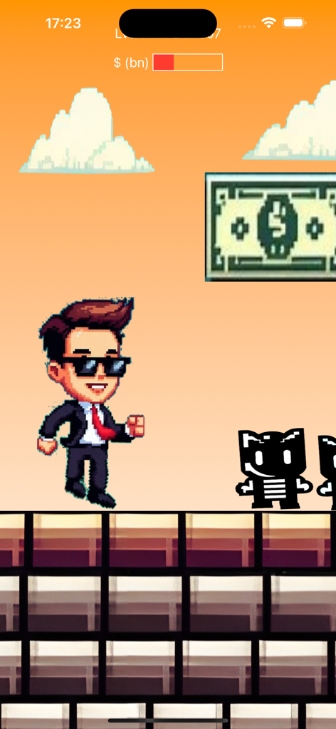 Tech Billionaire Jump - Un personaje billonario tecnológico pixelado saltando sobre un obstáculo en un juego retro
