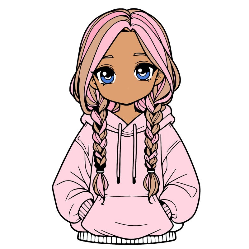 a realistic girl with a oversized hoodie and she has braids