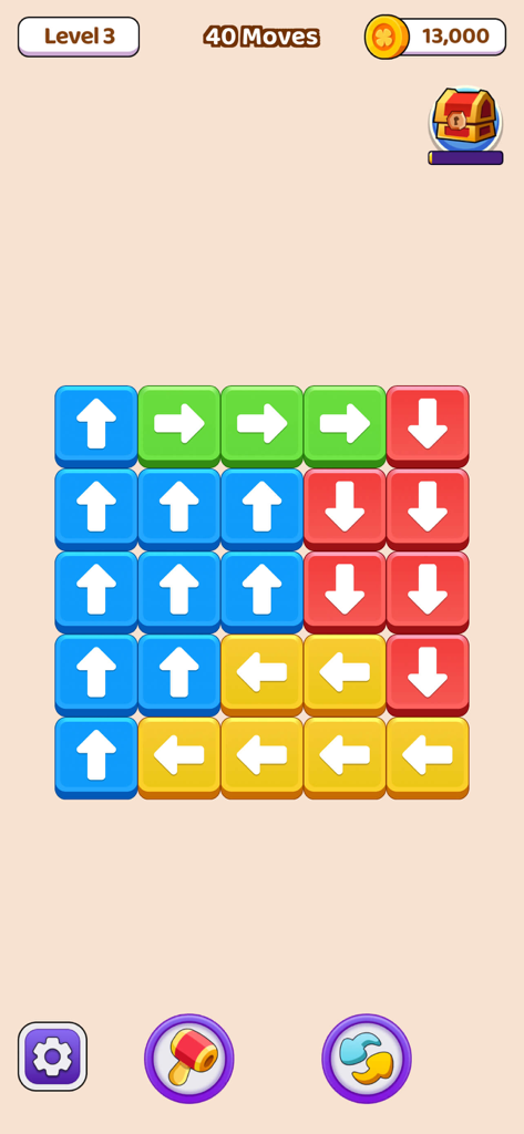 Tap Block Go - A 5x5 grid of blue green red and yellow blocks with arrows in the mobile game Tap Block Go