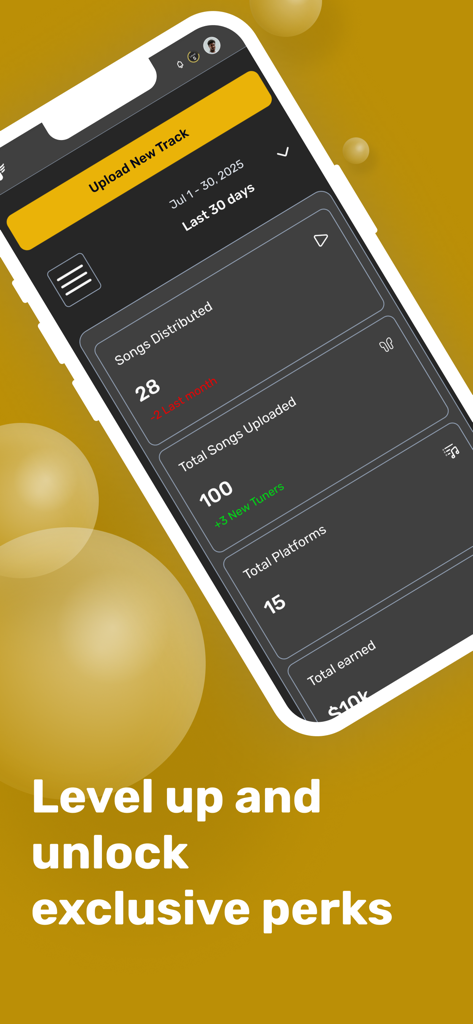 Freecords app dashboard on a smartphone showing music distribution statistics including songs uploaded and earnings