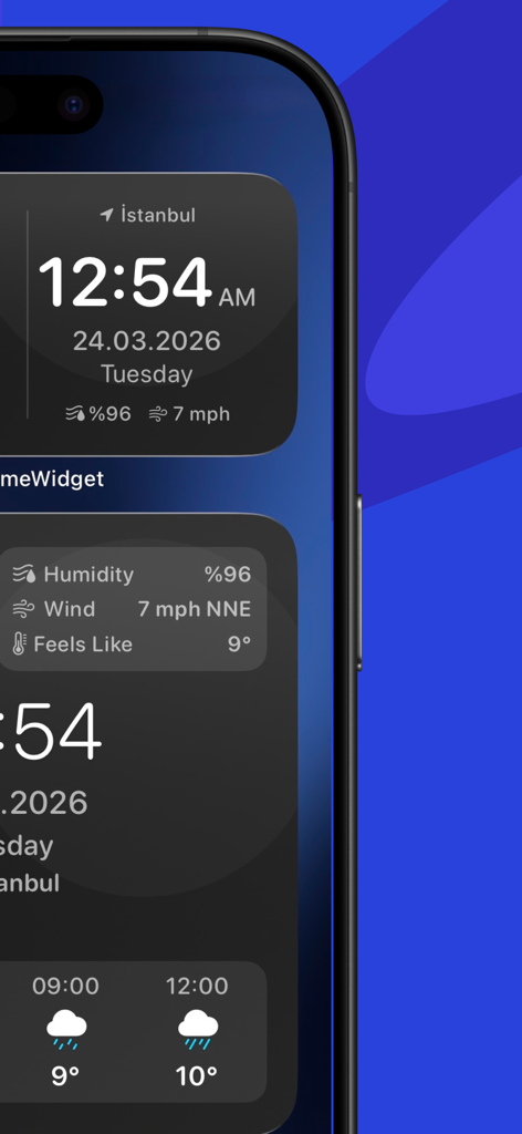 A minimalist dark mode weather and time widget on an iPhone home screen showing temperature wind and humidity