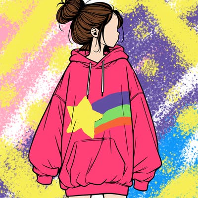 realistic girl with a oversized sweatshirt on and a bun