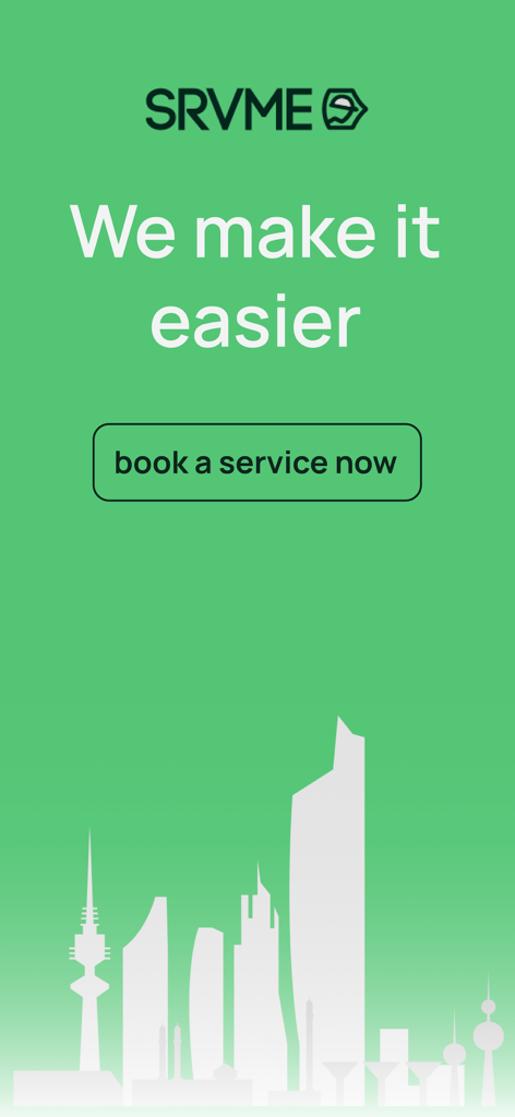 SrvMe App-Oberfläche für Hauswartung mit dem Slogan Wir machen es einfacher und der Schaltfläche zur Dienstleistungsbuchung